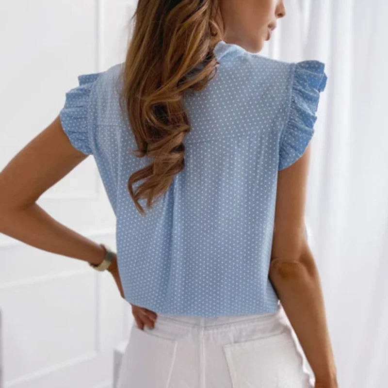 Women Summer Elegant Ruffles Sleeveless Polka Pot Lace Up Tie Bow Blouses and Shirts Casual Oversize Tops Sexy Pullover Tunic