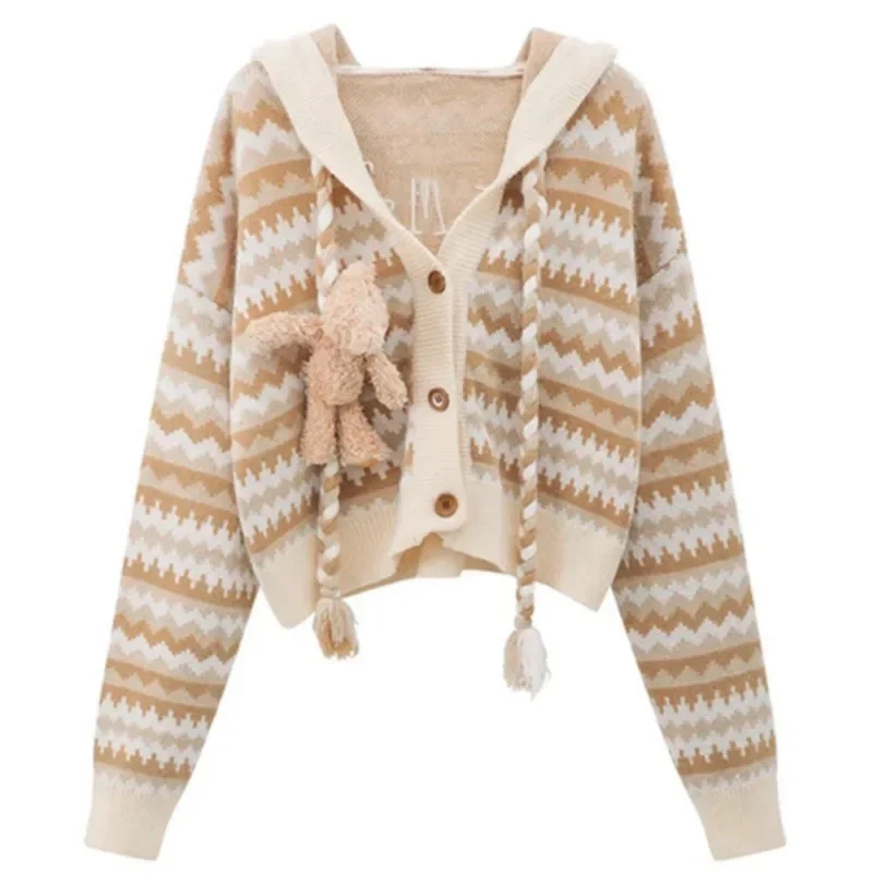 

Brown card retro three-dimensional bear knit cardigan women's autumn and winter loose age-reducing hooded short sweater coat