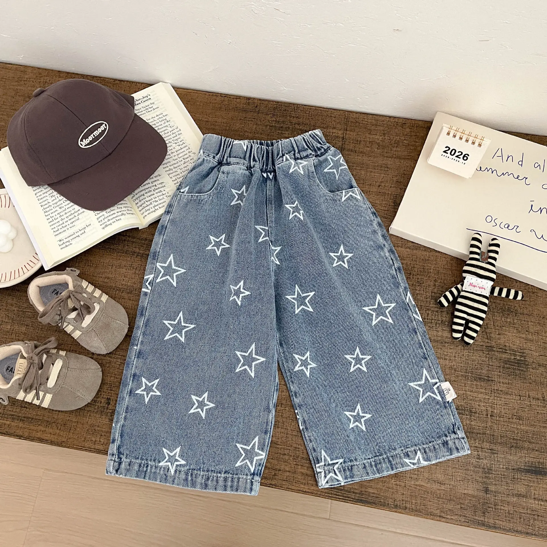Handsome Boys' Star Printed Denim Coat Set Spring Autumn New Baby Girls' Casual Loose Cowboy Wide Leg Pants Kids Jeans