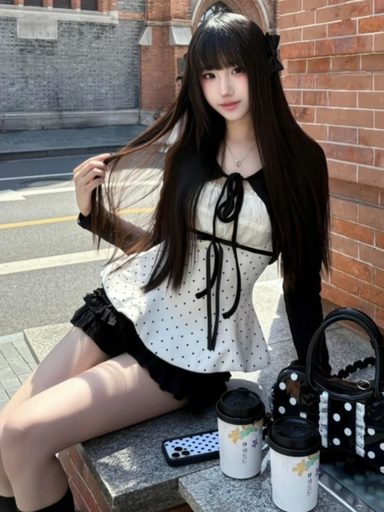 Korean Fashion Polka Dots Lace Bow Tie 3 Piece Set Women Girls Black Tiered Ruffle Mini Skirt Cami Top Short Cardigan Daily Wear view 5