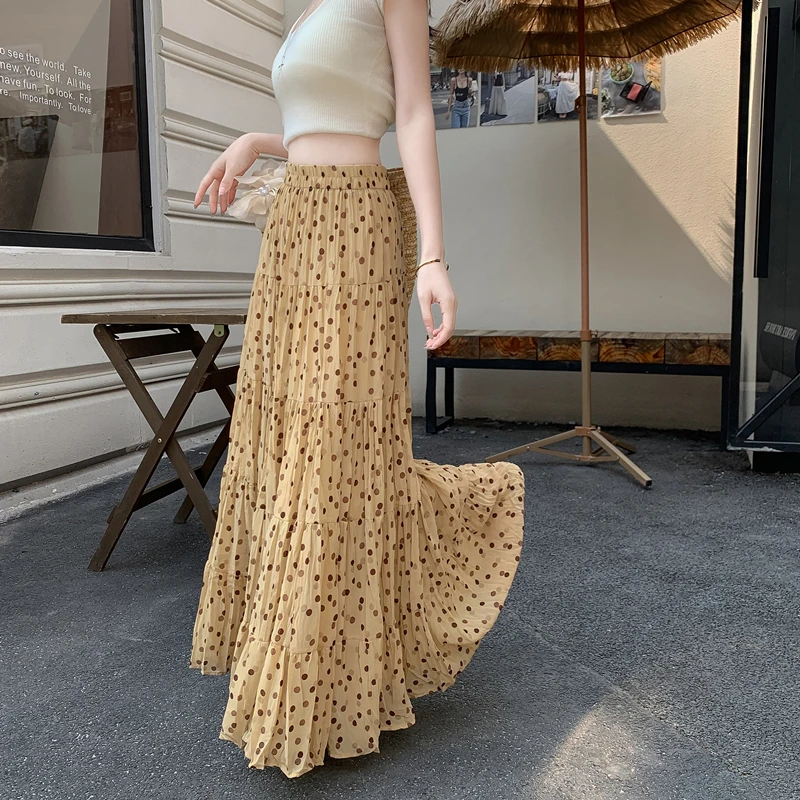 Gonna Lunga a Pois Gialli Floreale Retrò, Vita Alta, Slim Fit, Drappeggiata, Linea A, Stile Ombrello