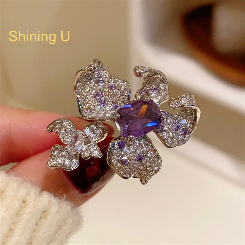 Shining U Luxury Violet Iris Full Zircon Gems Open Ring for Women Party Jewelry