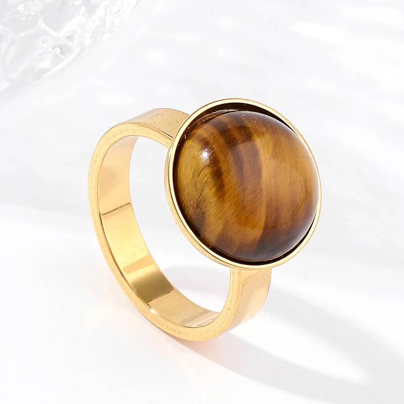 New Stainless Steel Men Women Gold Plated Round Natural Tiger Eye Stone Ring