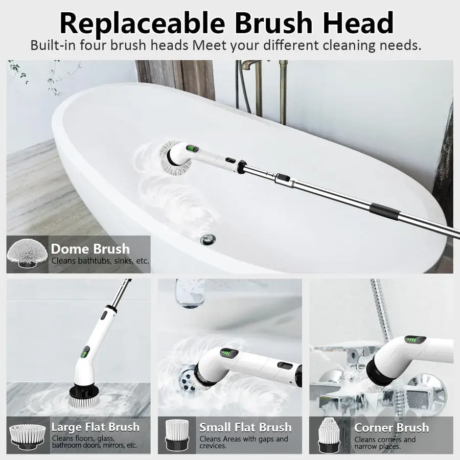 Lavapavimenti elettrico per rotazione, lavapavimenti per bagno impermeabile FullBody IPX7, 4 testine di ricambio per maniglia di estensione regolabile C elettrico