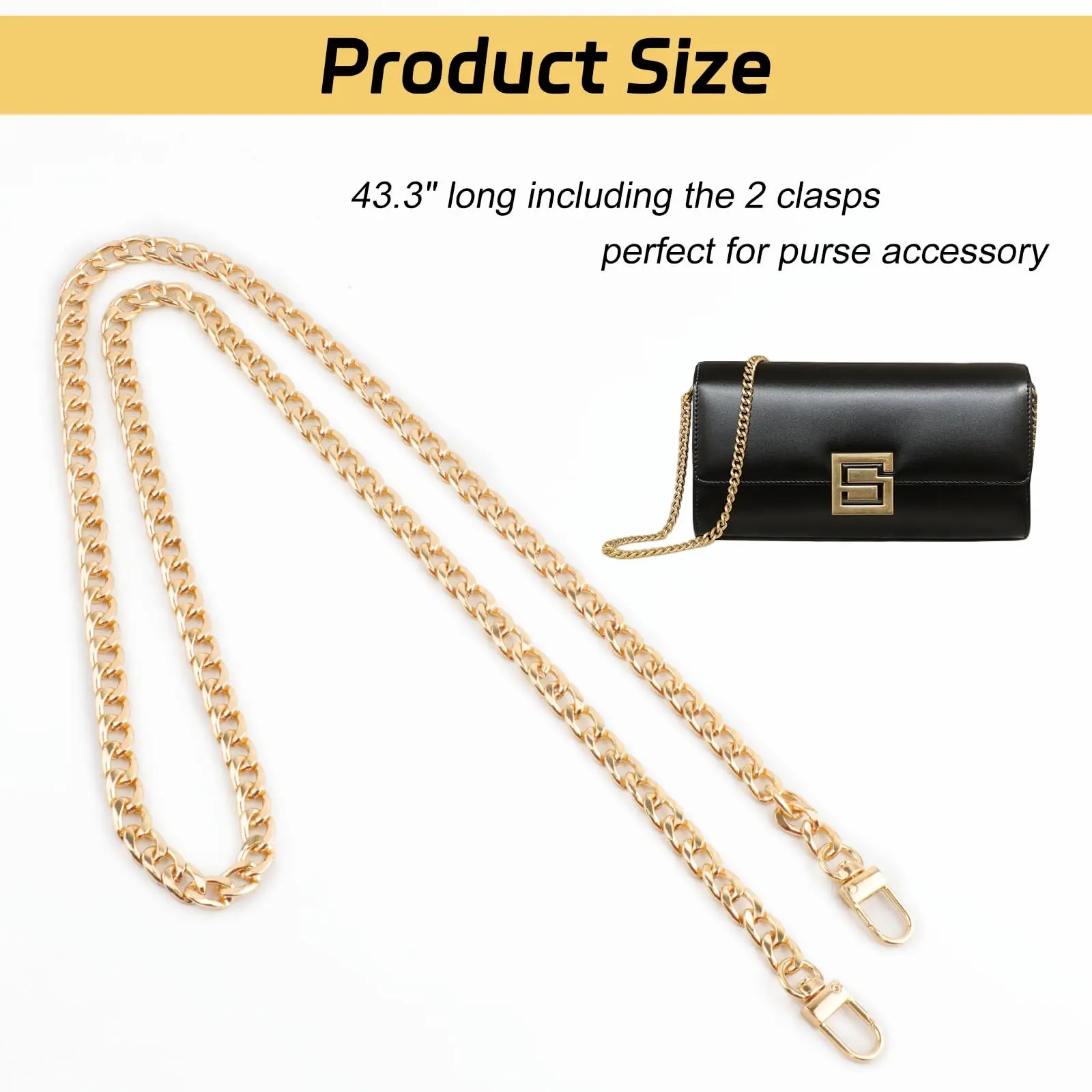 Gold Purse Chain Strap 43.3 Inch Replacement Bag Strap Metal Braided Chain for DIY Handbag Shoulder Crossbody Bag