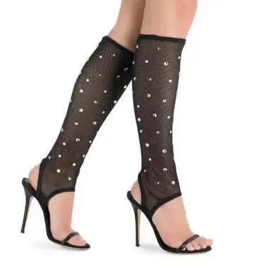 

Drop Shipping Black Bling Crystal Rhinestone Mesh One Line Open Toe Knee High Sandals Boots Thin Heels Slingback Slim Long Botas