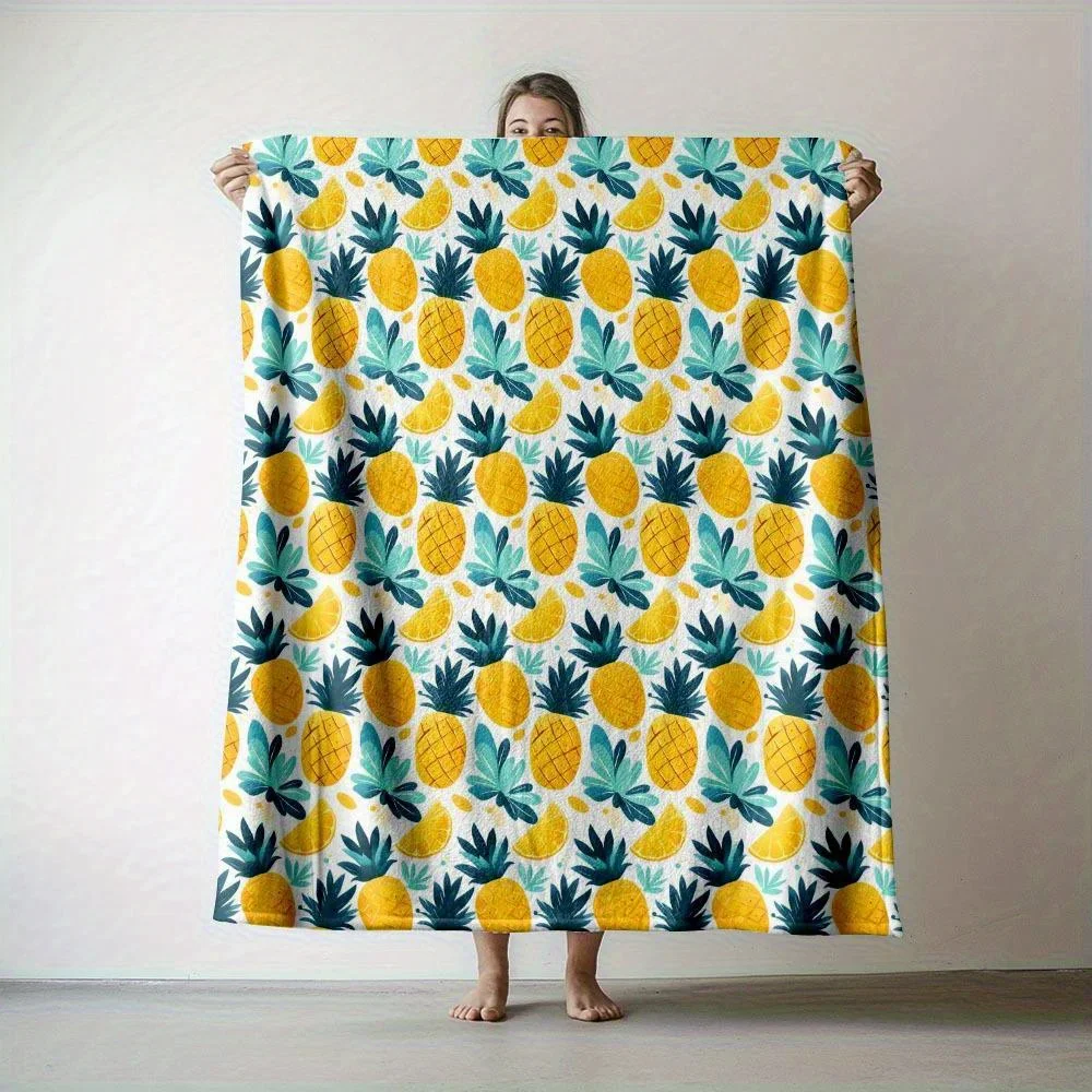1pc Tropical pineapple print blanket, polyester fabric, machine washable, suitable for bedroom and living room decoration
