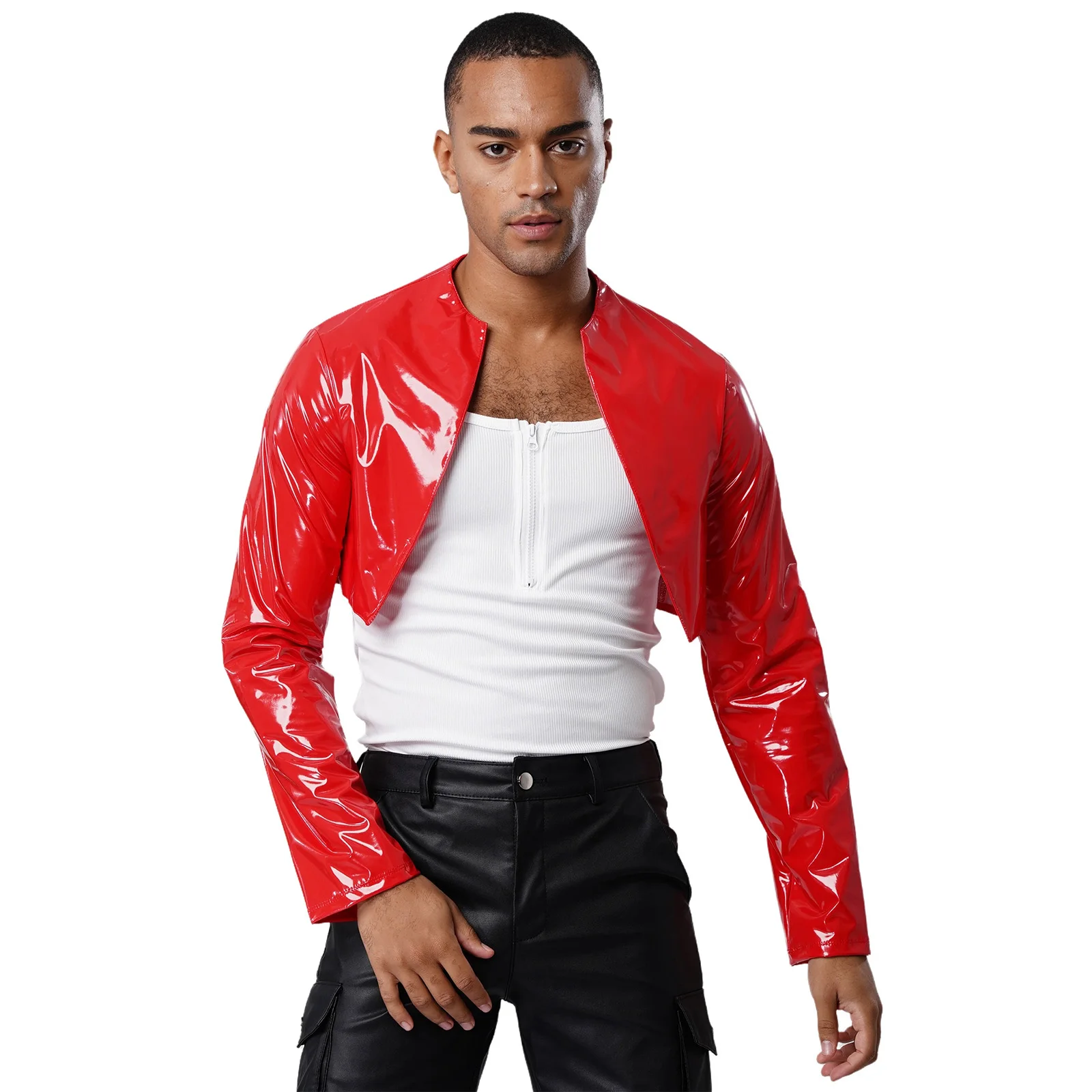 Mens Glossy PU Cardigan Cropped Jackets Open Front Long Sleeve Unlined Motor Biker Coat Disco Rave Party Driving Clubwear