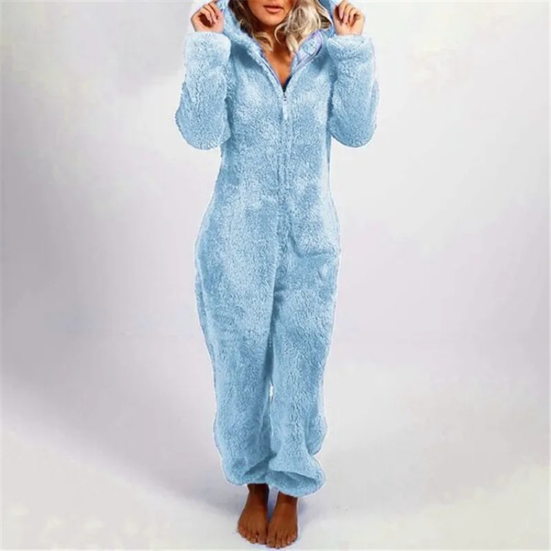 Plus Size Zipper Onesies for Women Fluffy Fleece Hooded Pajamas for Women Winter Warm Plush Sleepwear Loungwear Jumpsuits