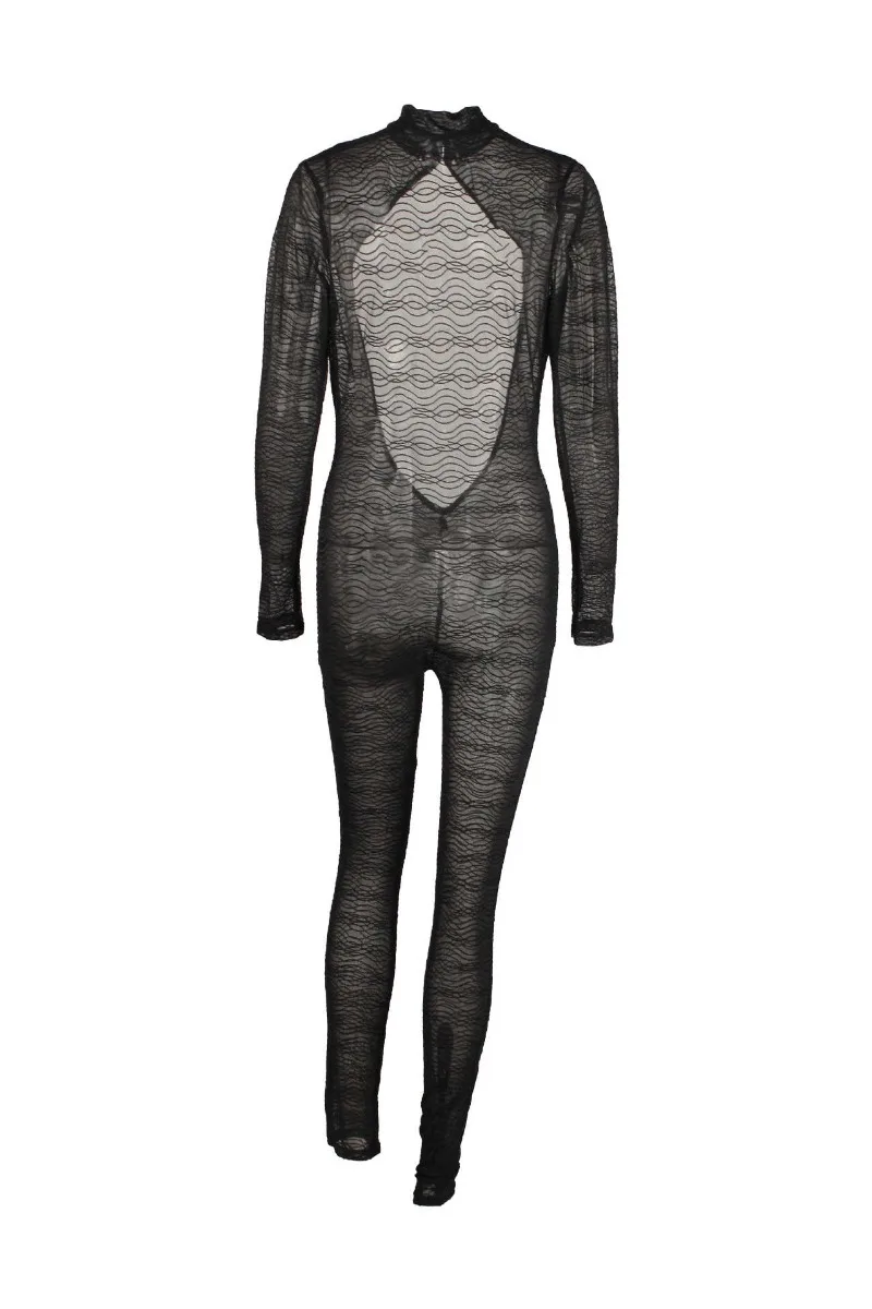 Rückenfreier, durchsichtiger, gestreifter Mesh-Overall, Stehkragen, lange Ärmel, pfirsichfarbene Hüften, schlanke Nachtclub-Strampler, Damen, sexy, dünne Overalls