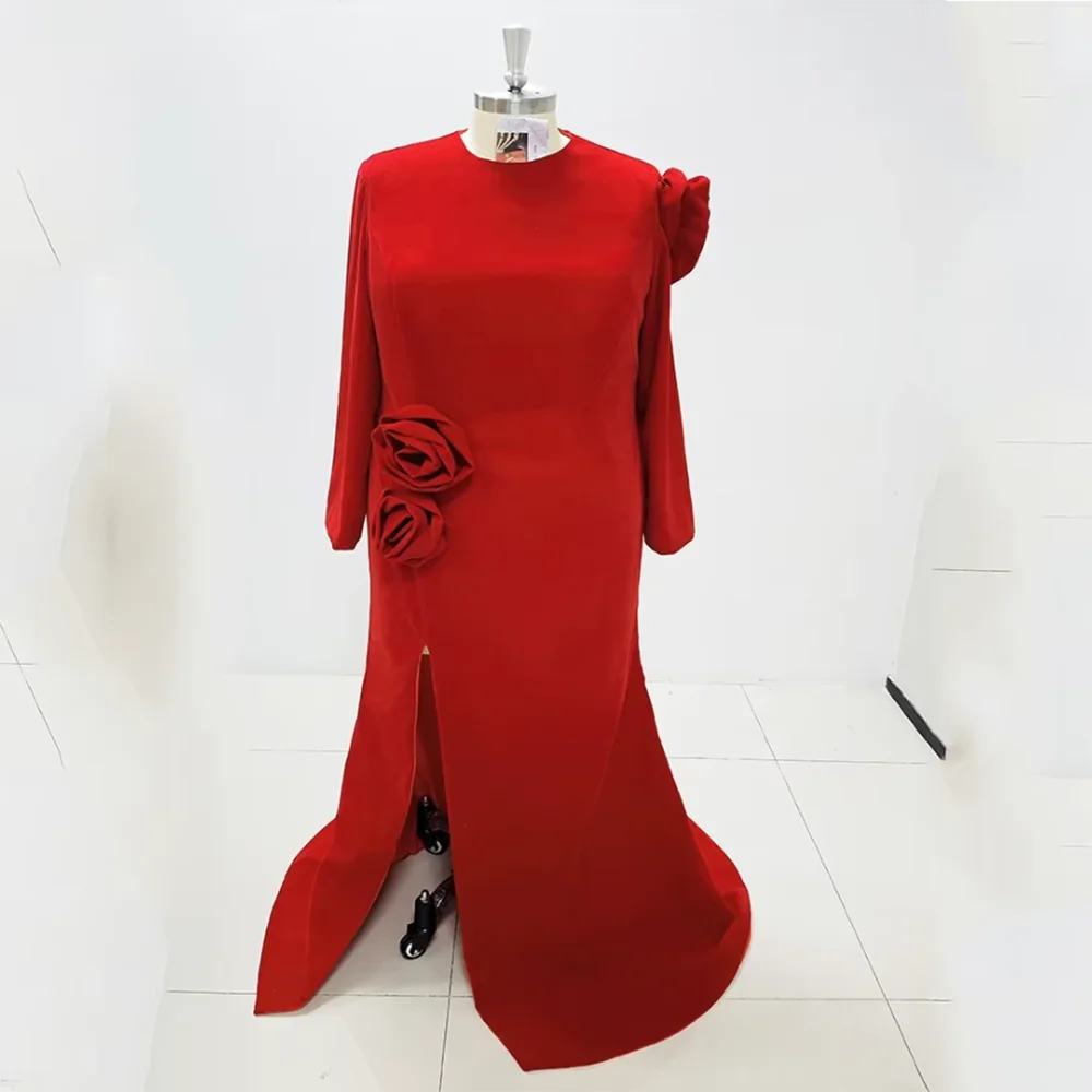 Elegant Women Red Prom Dresses Long Sleeve High Neck Floor Length Side Split Special Occasion Gowns Flowers Evening Dress