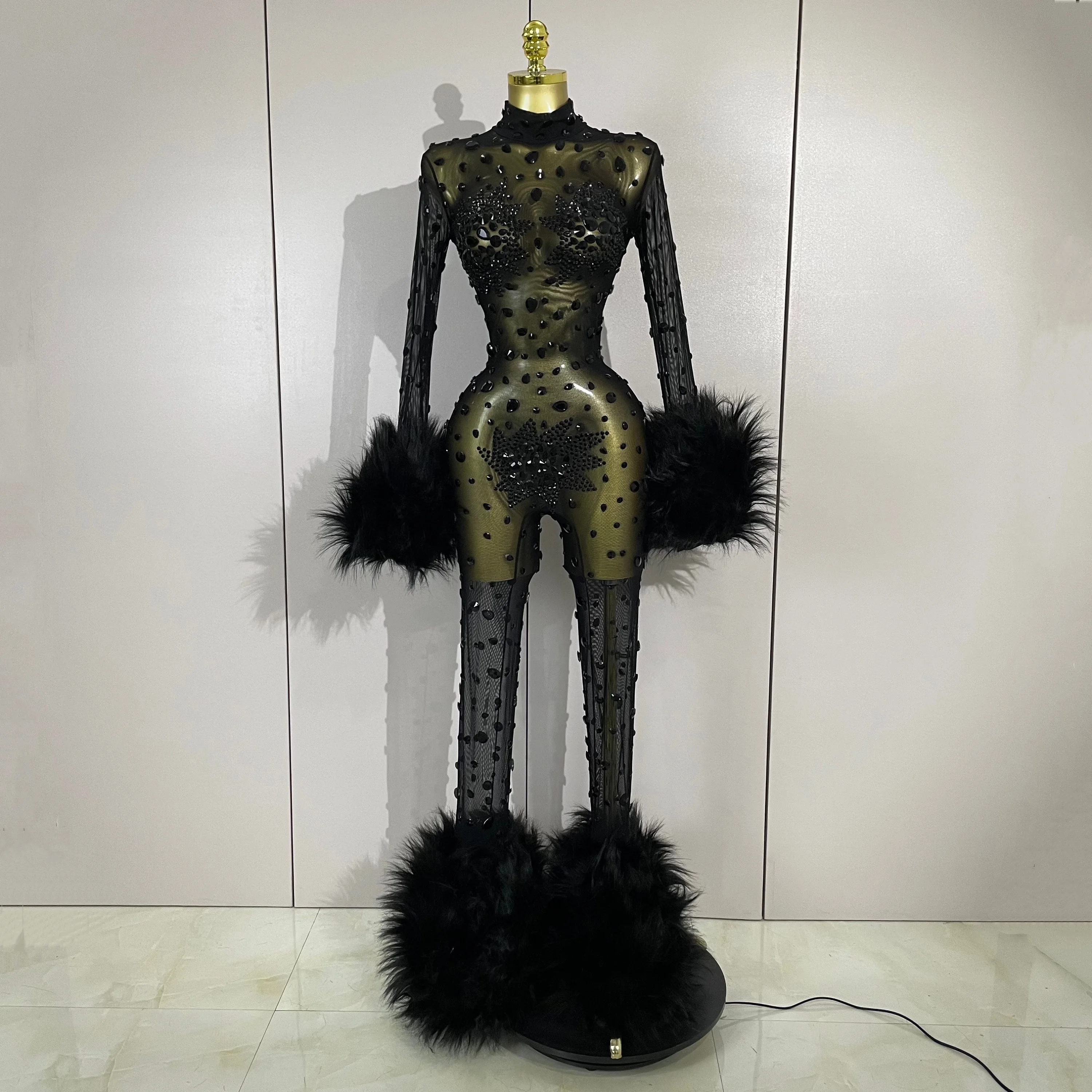 STOCK Luxury Diamond Black Mesh Transparent Stretchy Long Sleeve Jumpsuit Women Sexy Performance Singer Costume Nightclub Outfit