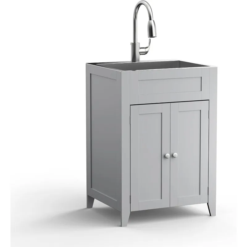 24-Inch Laundry  with Cabinet and Pull-Out Sprayer Faucet, Stainless Steel Utility  with Cabinet, Grey Cabinet with  for Laundr