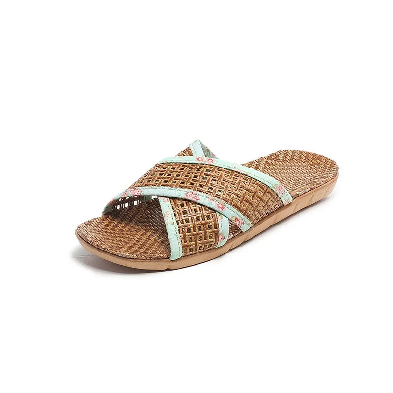 2023 new fashion woven slippers summer female indoor floor home with non-slip couple linen straw mat bamboo slippers