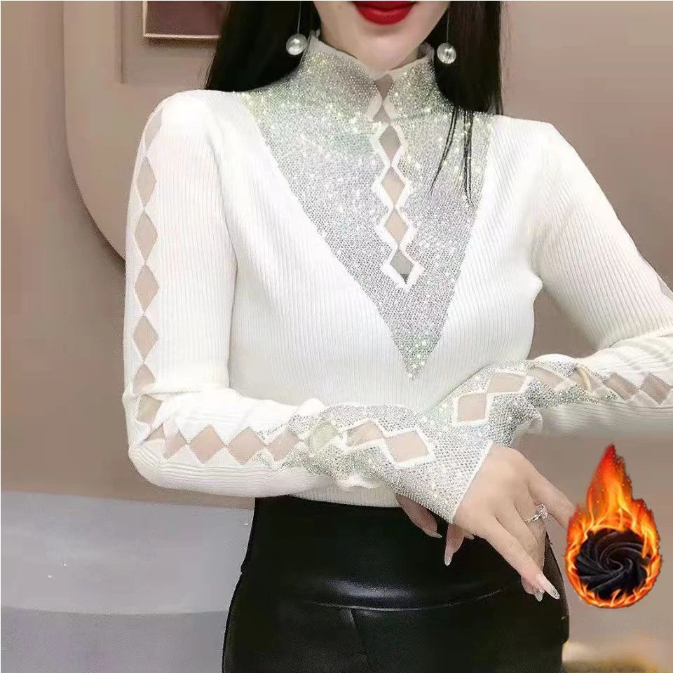 M-4XL Winter New Fashion Bottoming Shirt Women's Clothes Half-high Neck Hollow Diamond Blouse Stretch Slim Knitted T-shirt