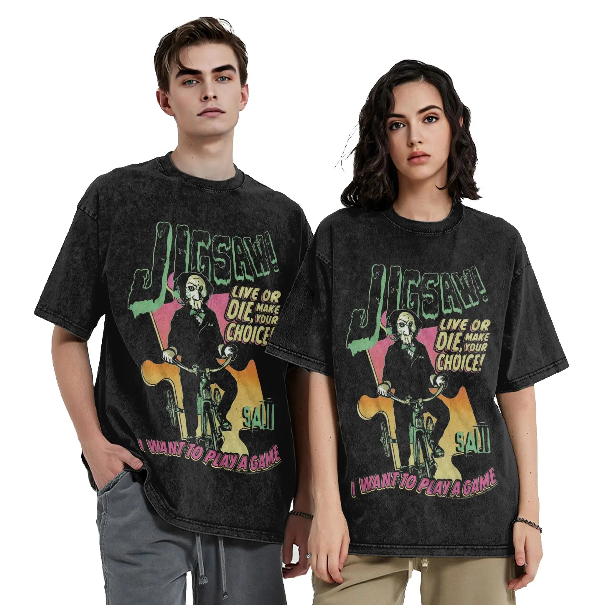 Jigsaw I Want To Play Game Saw Washed T Shirts Streetwear Hip Hop Retro T-Shirts  Tees for Men Women Short Sleeve Harajuku