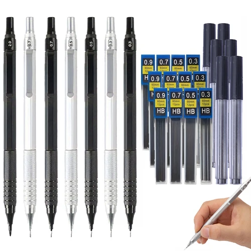 낮은 무게 중심 금속 기계식 연필 세트, 리드 리필, 자동 연필 아트 스케치 페인팅, 필기 문구, 0.3-2.0mm 