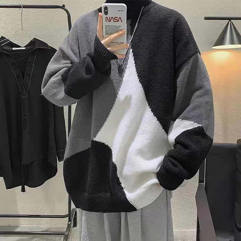 Winter Turtleneck Sweater Men Long Sleeve Spliced Hit Color Thickened Keep Warm Fashion Harajuku Oversized Pullover Clothing Top