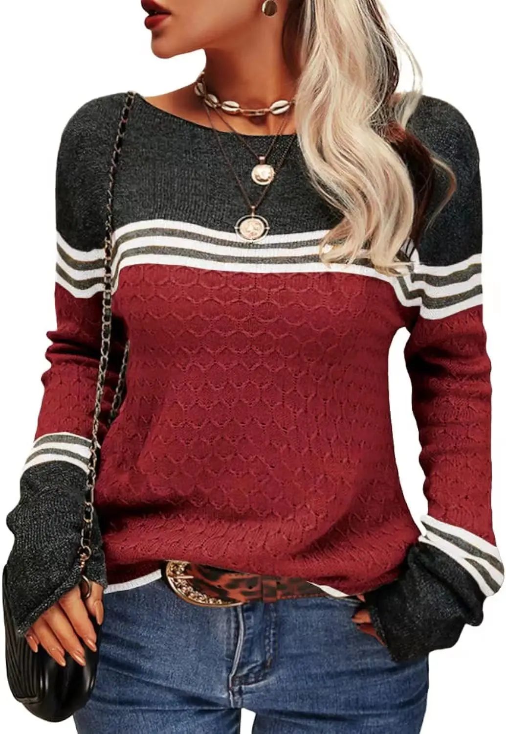 2023 Women Autumn Winter Colorblock Pullover Sweaters Round Neck Striped Slim Fitting Knitwear Tops