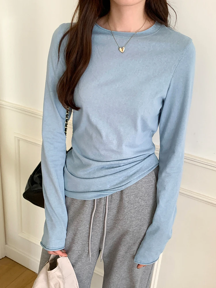 Spring Autumn T Shirt Women Tops Solid Long Sleeve Ruched O Neck Tshirts Female Korean Casual Streetwear High Quality Base Tees