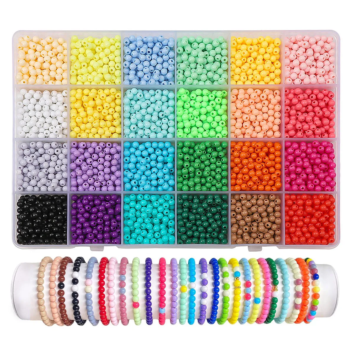 3600pcs Candy Color Acrylic Beads Kit 24 Girds 4mm Solid Color Beads Set Box for DIY Jewelry Making Bracelets Necklaces Crafts