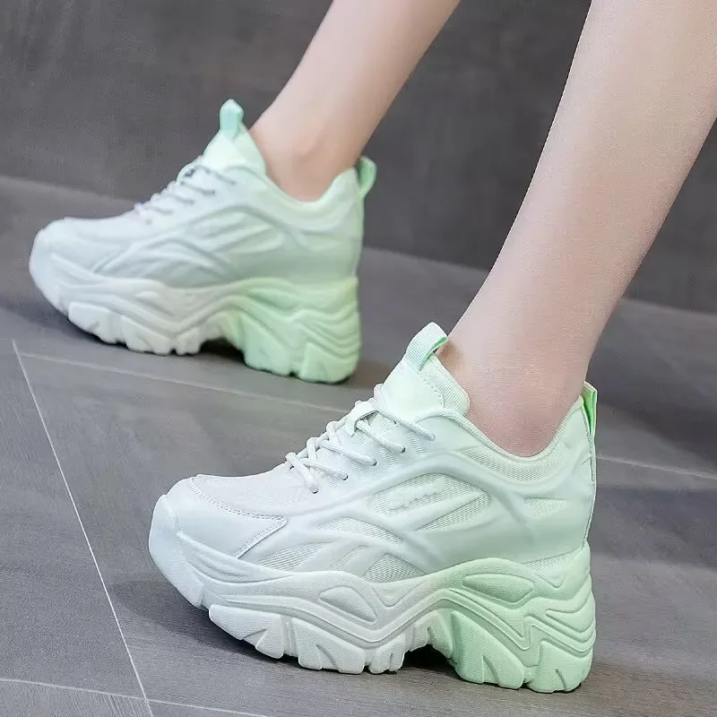 2023 Platform Increase Sneakers Women Mesh Solid Color Breathable Trainers Lace-up Round Toe Thick Sole Ladies Shoes Handmade