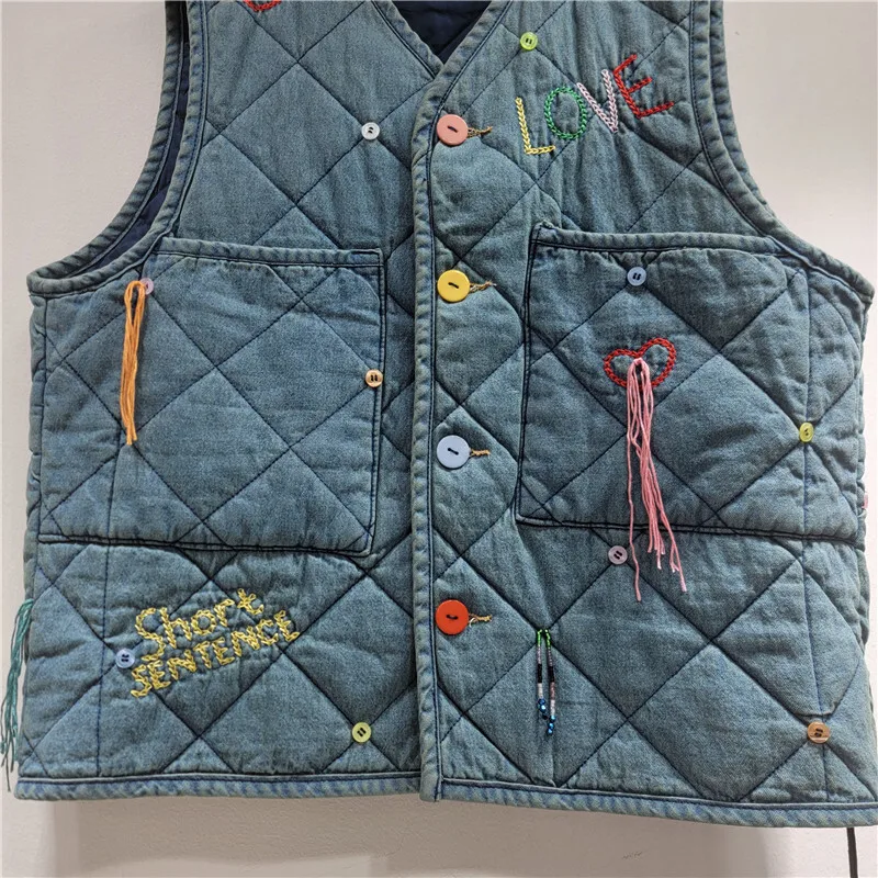 HKSH Autunno Inverno Nuove donne gilet caldo scollo a V monopetto lettera ricamata giacca imbottita in cotone denim alla moda HK13764