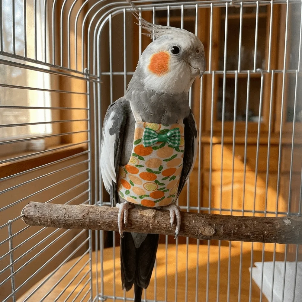 

Adjustable Pet Parrot Diaper Breathable Fruit Pattern Bird Nappy Soft Fabric with Bowtie Bird Flight Suits Cage-Free Time