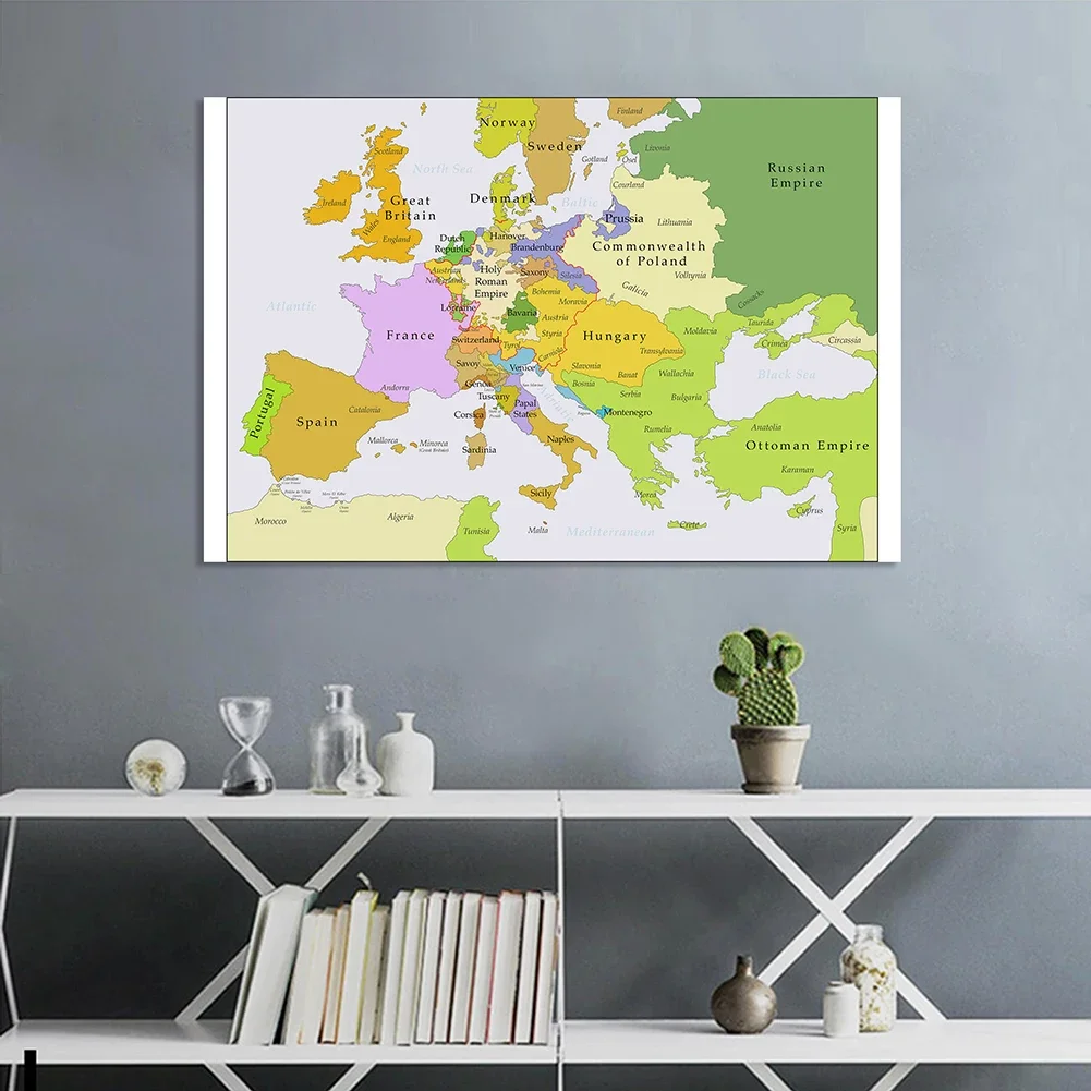 Póster grande de 150x100 cm con mapa de Europa, lienzo de vinilo no tejido, pintura para aula, decoración del hogar, suministros escolares, año 1700-1850