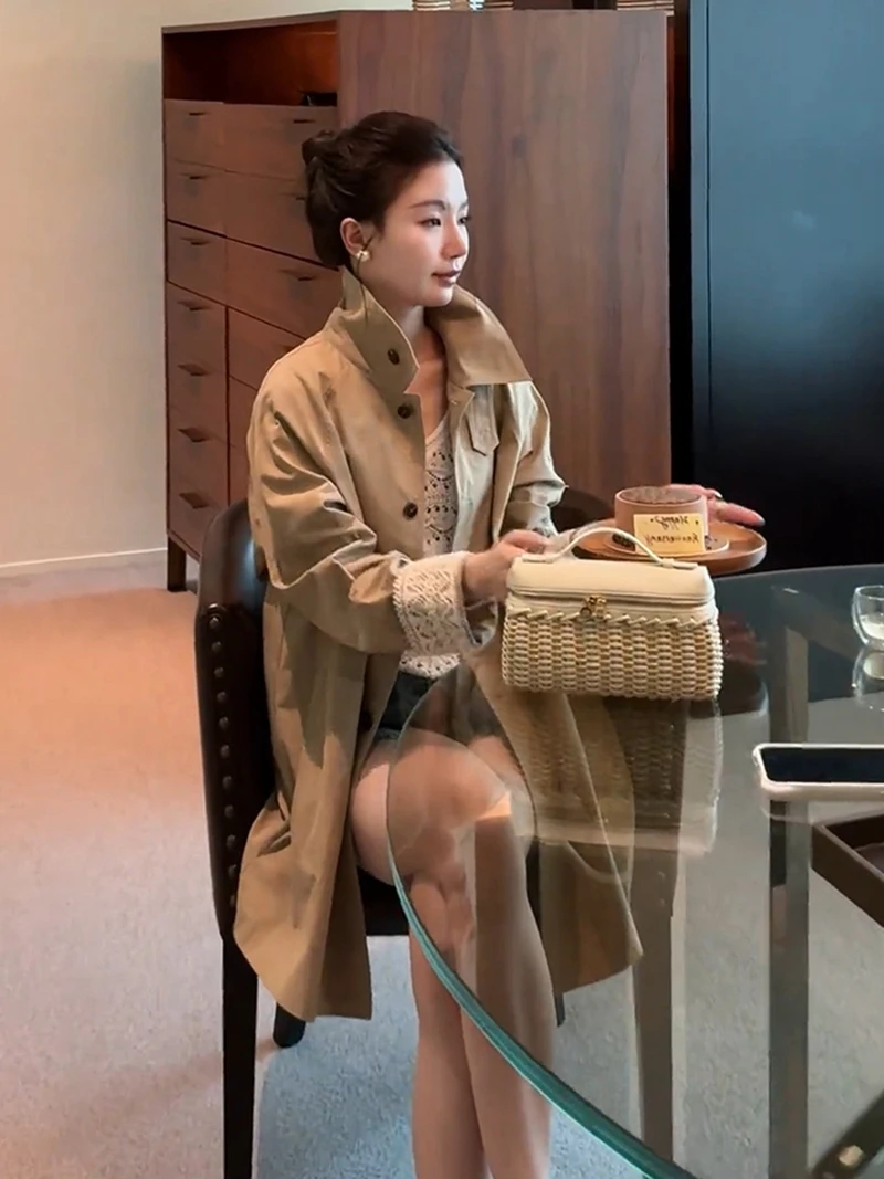 

Retro Briti Sle Lace Cuffed Collar Mid-Length Small Size Women's Jaet Khaki Color Casual Loose Fit Organic Cotton Coat