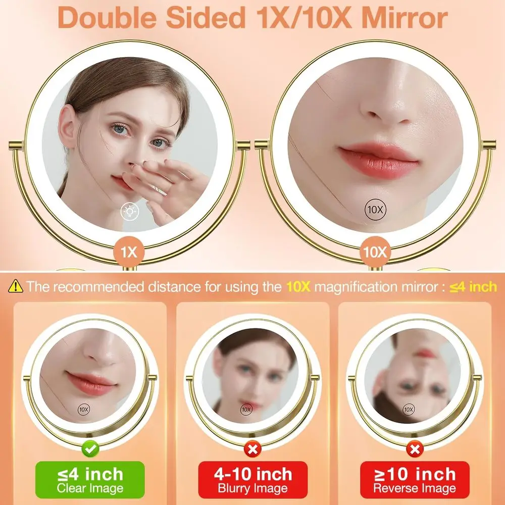 9 مرآة مكياج مضيئة على الحائط على الوجهين مع تكبير 1X/10X، ضوء 3 ألوان، تعتيم باللمس، 360 درجة ° ذراع دوار، ذهبي #3