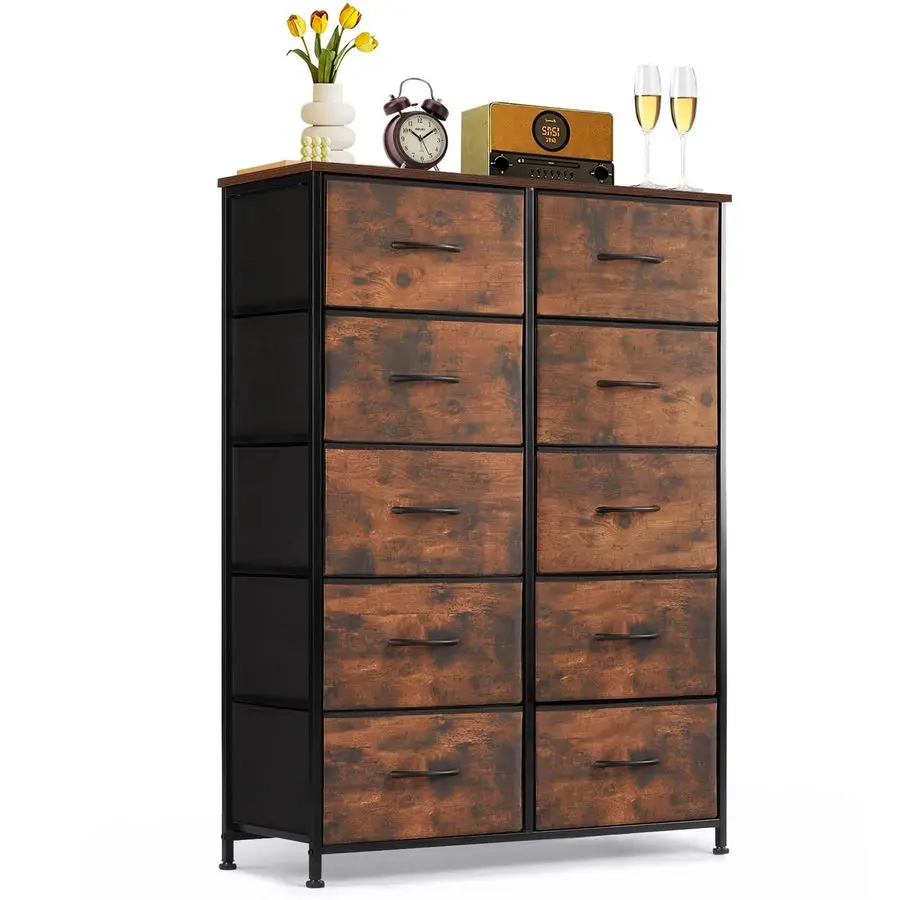 

Комод с 10 ящиками для спальни, высокий органайзер-комод с защитой от опрокидывания, деревянной столешницей и металлическим каркасом, тканевые контейнеры для хранения