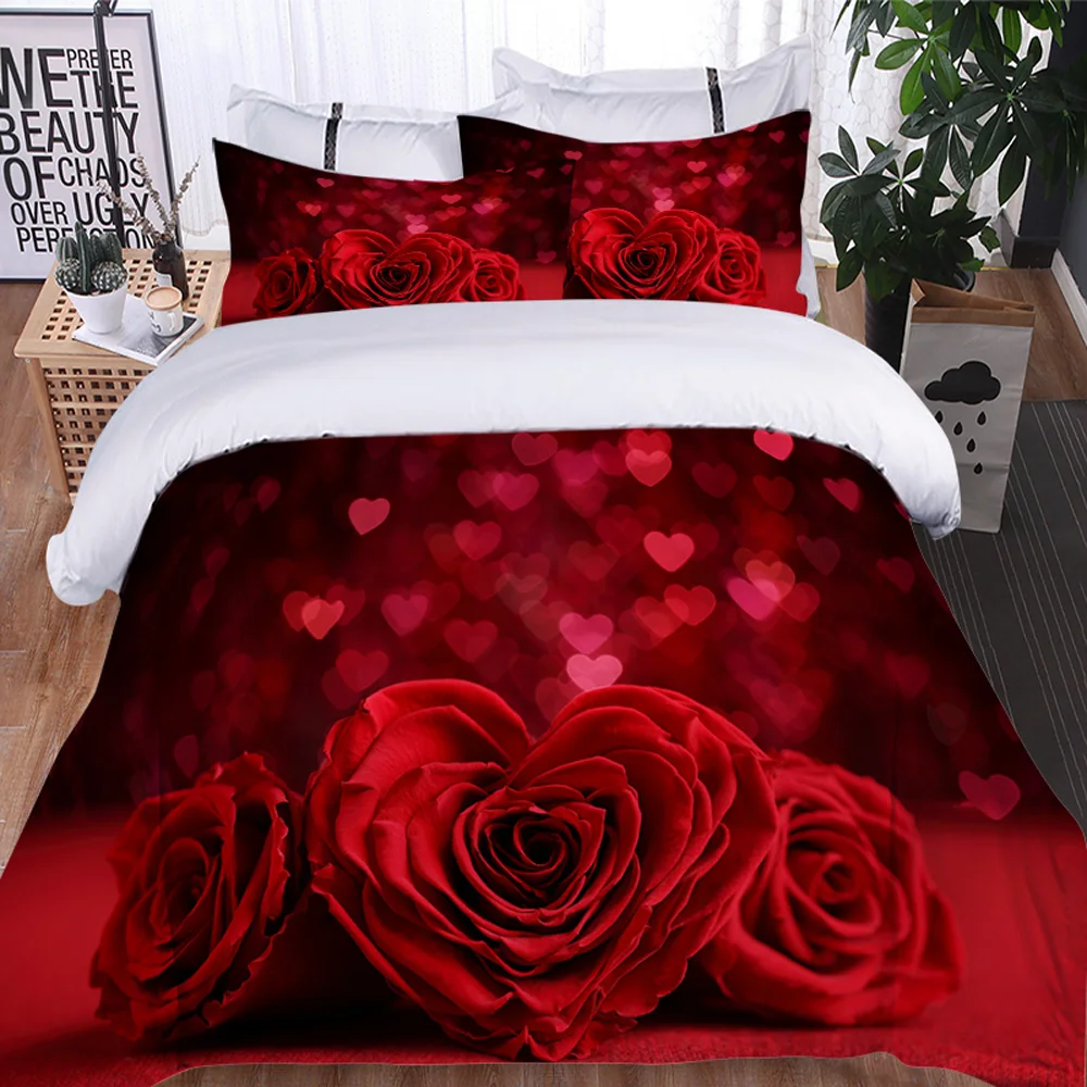 

3d red rose valentine's day wedding bedding suit luxury rose single double bed quilt cover suit and 2 piece pillowcase