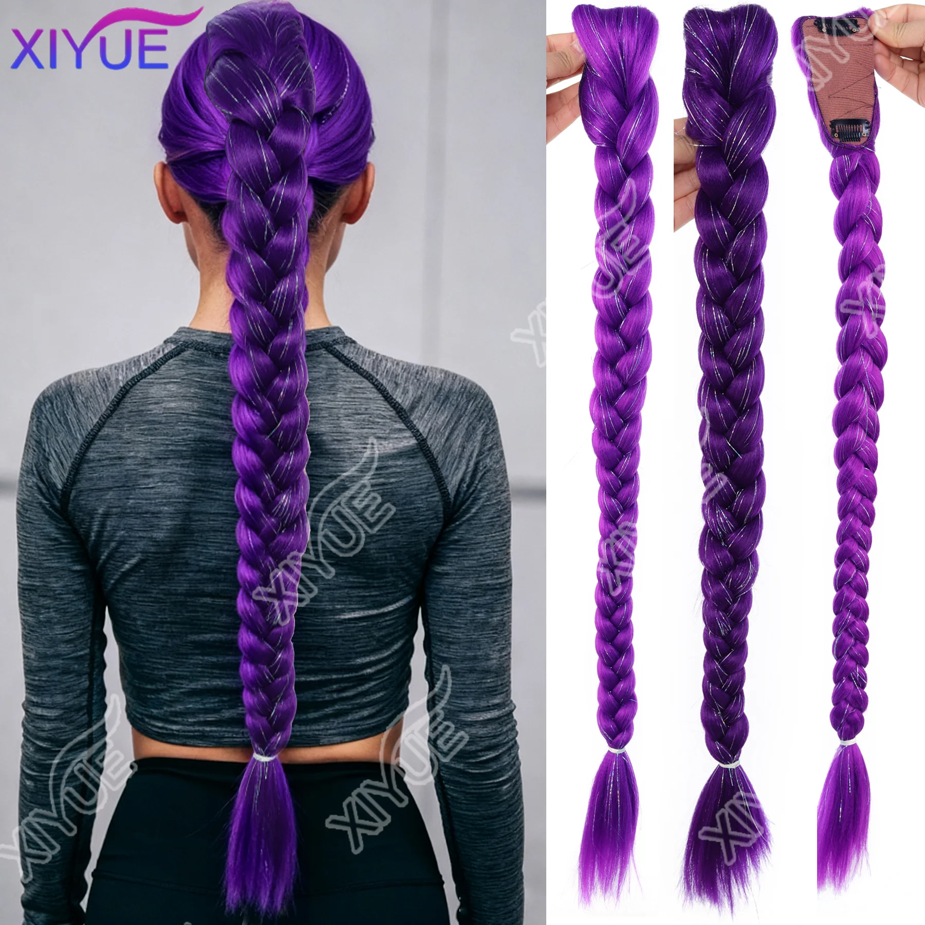

XIYUE синтетические плетеные фиолетовые волосы, хвостик, прическа 26 дюймов, длинный хвост с заколками для детей, девочек, Хэллоуин, Рождество