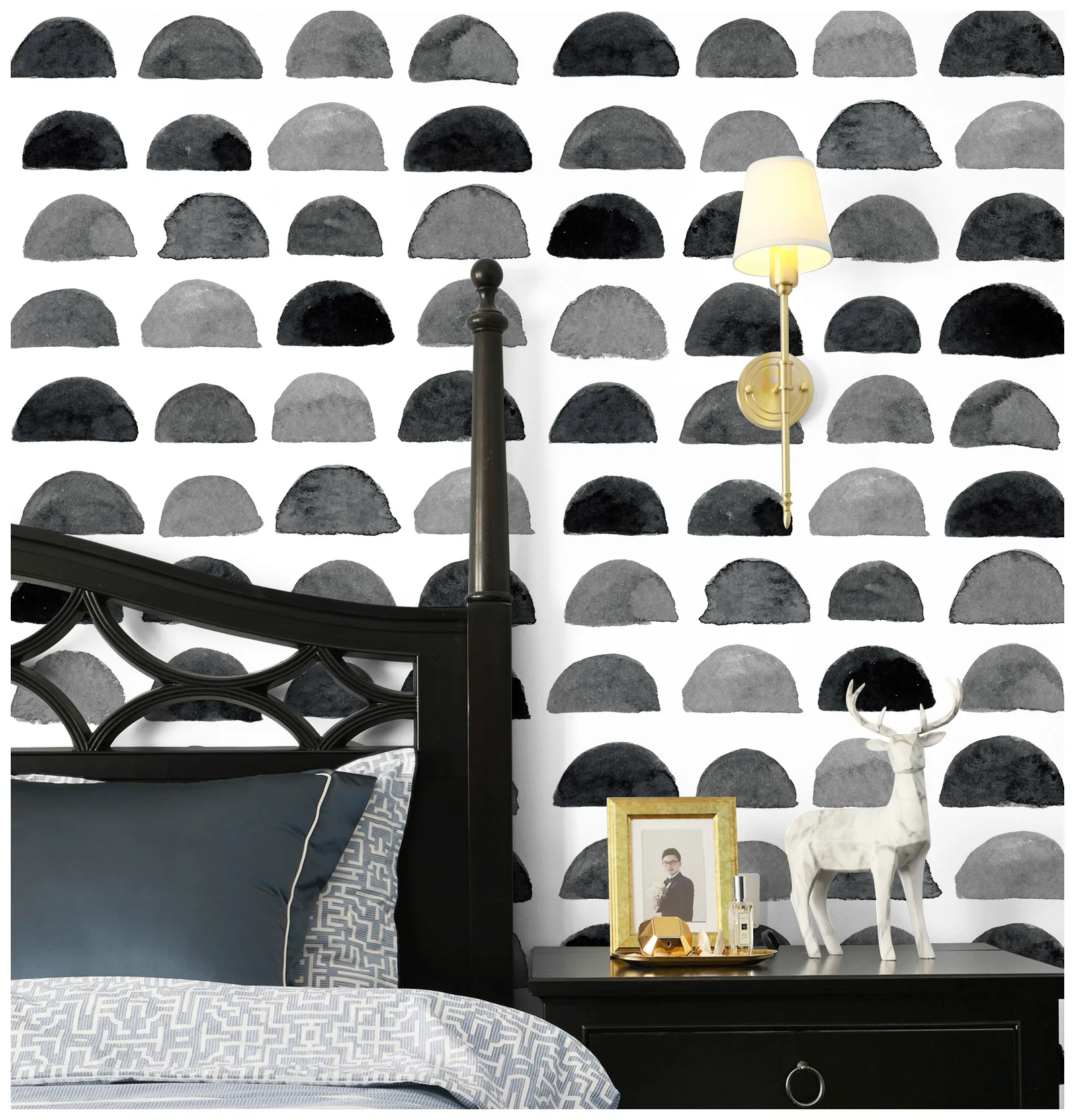 1pc Removable Boho Art Watercolor Brush Strokes Scallop Wallpaper,Grey&White Self Adhesive Wallpaper For Bedroom Wall Decoration