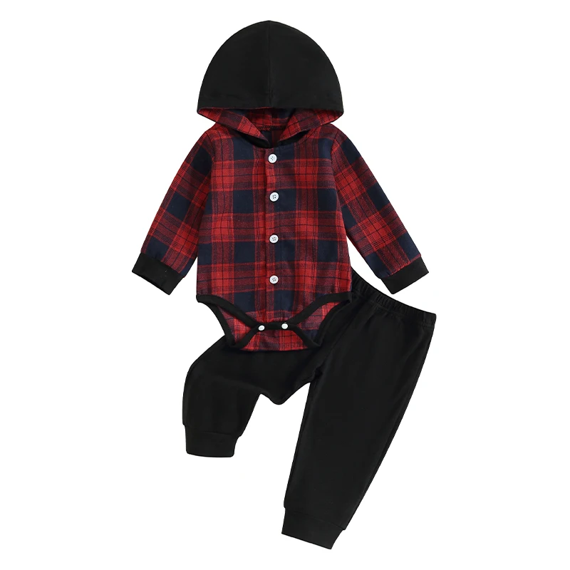 Baby Boy 2 Piece Outfit Plaid Long Sleeve Hooded Rompers and Elastic Pants Set Fall Spring Clothes