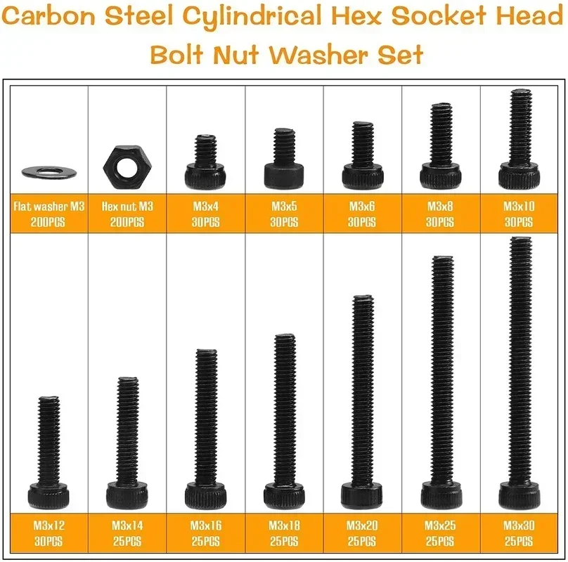 730pcs M3 Nuts M3 Hex Socket Screw Set Carbon Steel Flat Round Cap Head Screws Bolts and Nuts Flat Washer Nuts Male Wrench