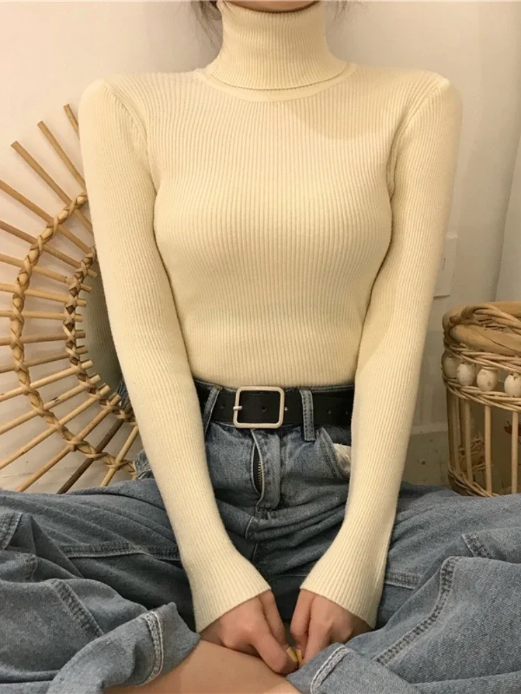 

Women Vintage Harajuku Pullover Autumn Winter Turtleneck Sweater Korean Solid Basic Knit Tops Slim Elastic Elegant Chic Jumper