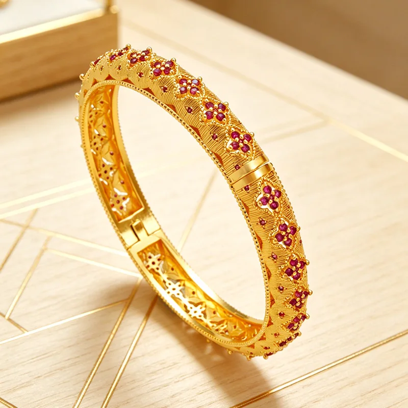 Luxury 24K 9999 Pure Gold real gold Women's Point Drill Hollow Silk Clover Bracelet