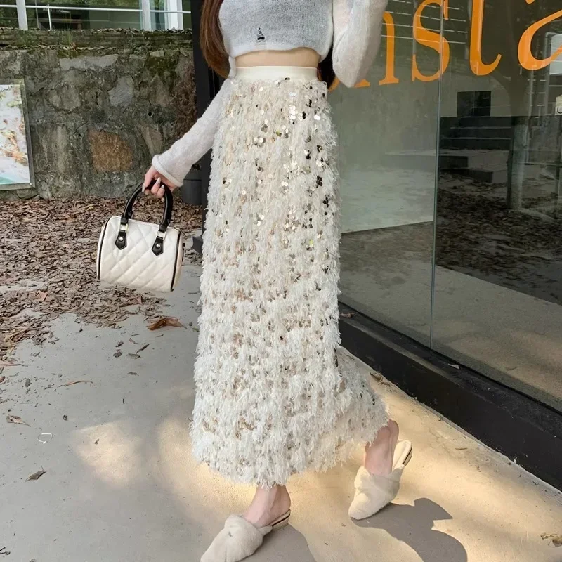 

Chic Skirts for Women Irregular Skirt Womens Sequins Side-Slit Patchwork Straight Longskirts Female Almighty Fashion Dropship