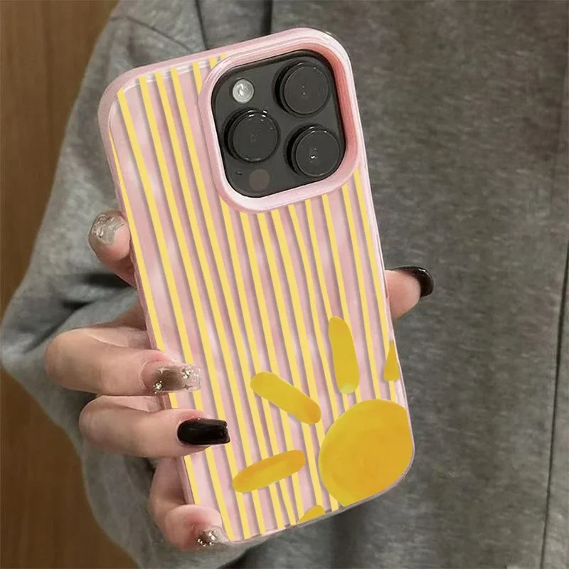Yellow Striped Sun Pattern Phone Case For iPhone 16 15 1417 Pro Max  13 12 11 Pro Max 16Plus 17Air 15Pro Wave Texture Soft Cover