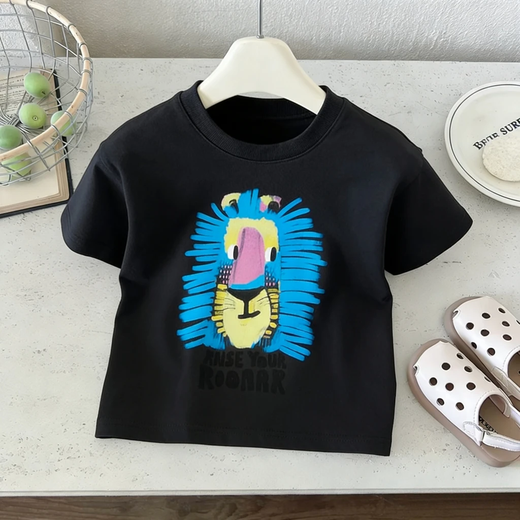 Toddler Summer Cool Cartoon T Shirt Boys Girls Cotton Short Sleeve Tee Trendy Lion Duck Tomato Surf Pizza Cat Print Kids Cloth