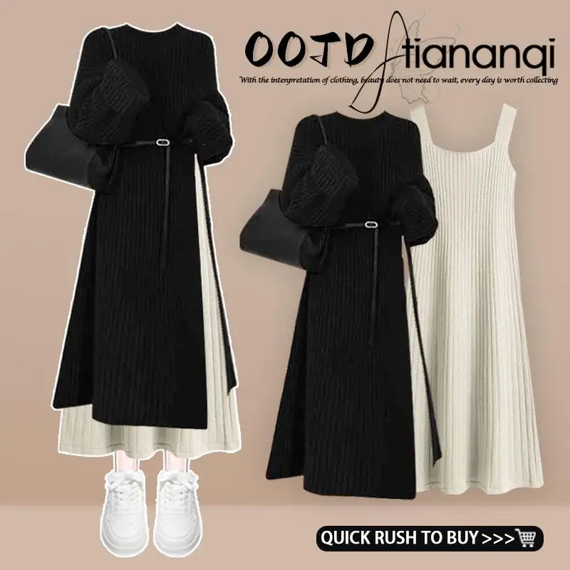 

Autumn Winter Women's Faion Long Sve Knitted Dr with Slit Sweater Set High-End Feelings Casual Chic Tee-Piece Suit