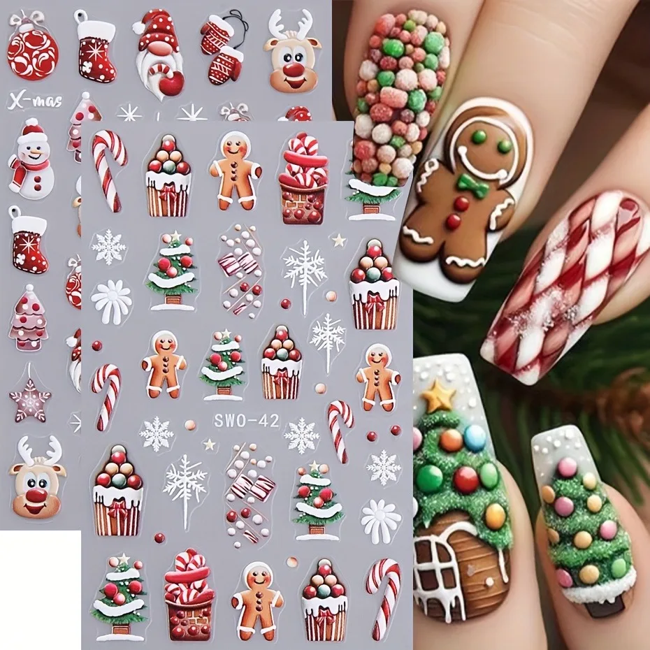 5PCS Winter Christmas relief nail stickers, easy to apply for nail decoration DIY、Gifts, parties, and wedding makeup and styling