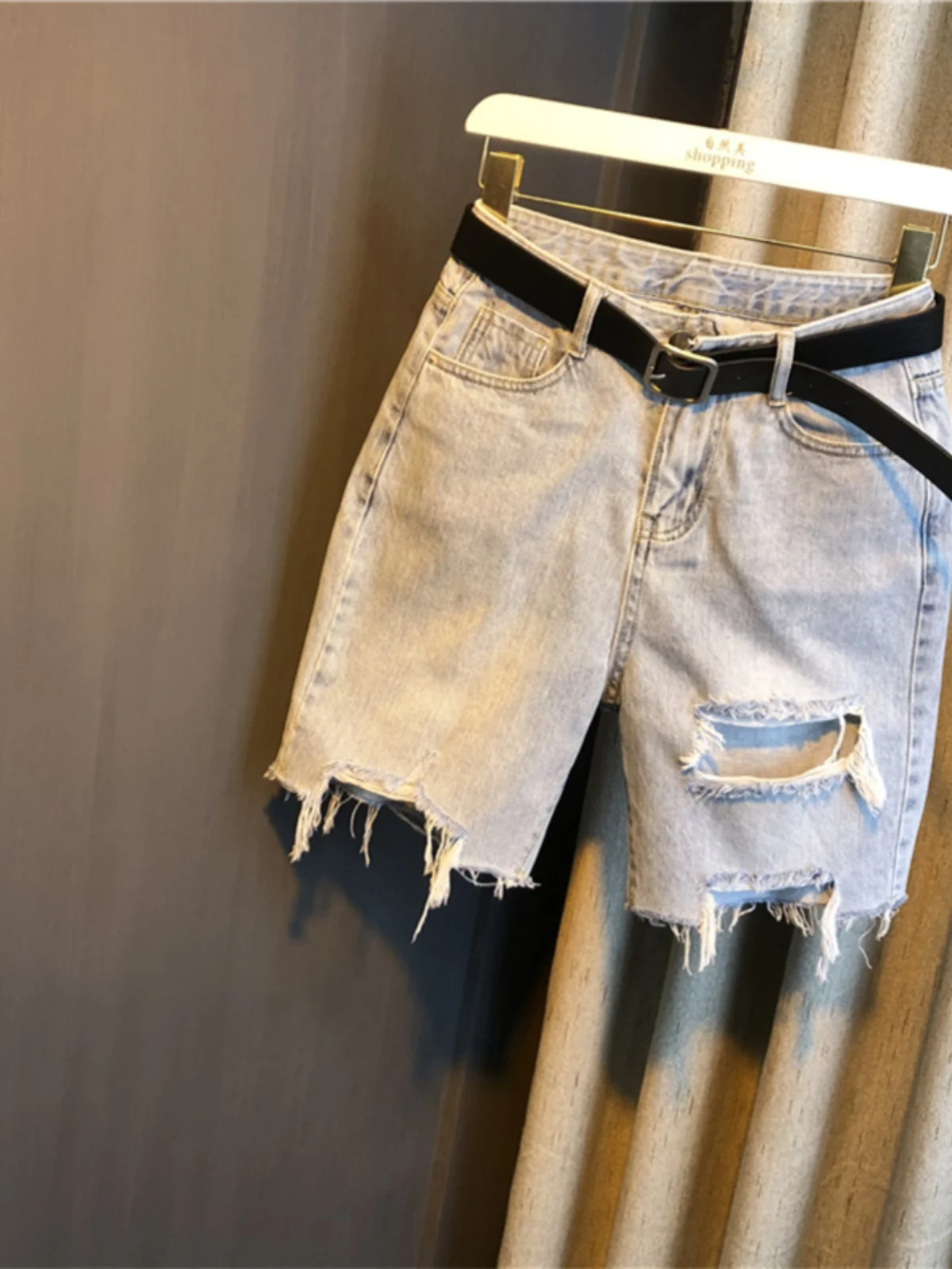 Broken Hole Denim Shorts BF Style Korean Style Straight Leg Pants Women's Spring Autumn New High Waisted Versatile Loose Mid Jea