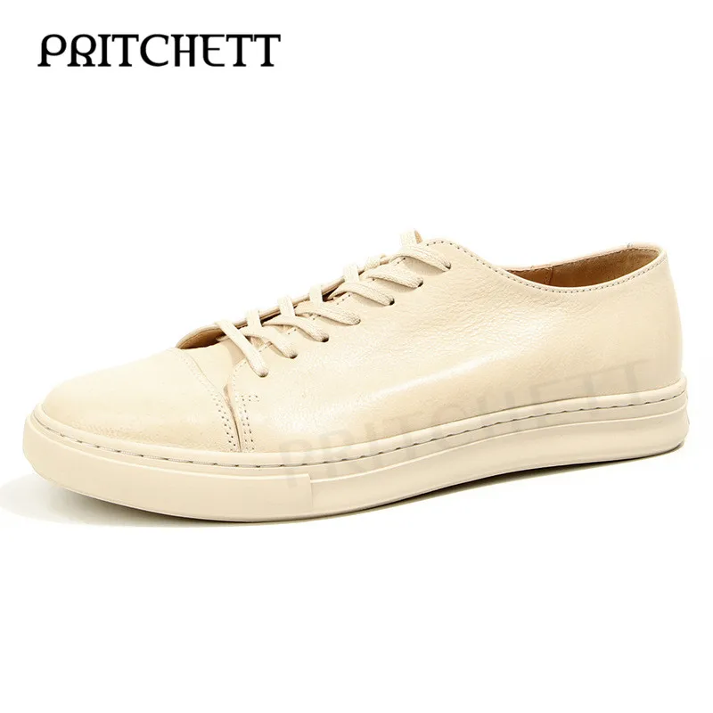 Off-White Slightly Dirty Old Shoes Simple Round-Toed Casual Genuine Leather Lace-Up Shoes Daily Comfortable Men's Shoes