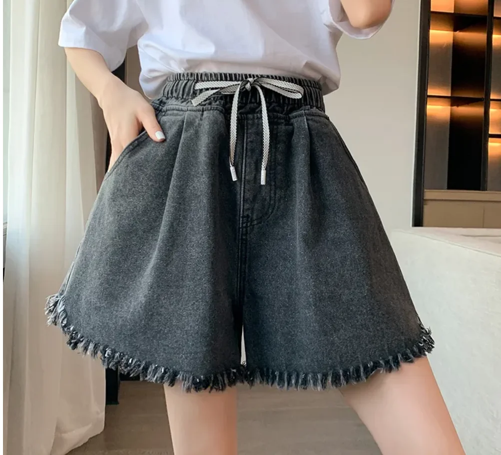 Big Size Denim Shorts Summer Thin Section Leg Wide Loose Tight High Waist Female Students Fattening Women Tassel Wide