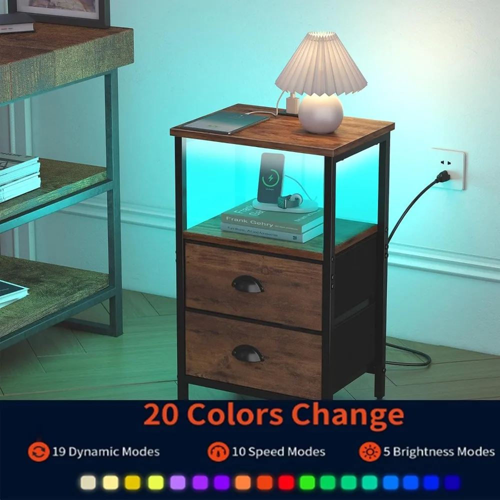 مجموعة منضدة صناعية ريفية مكونة من 2، طاولة بجانب السرير مع درجين قماشين، تخزين من 3 طبقات، إضاءة LED، محطة شحن #3