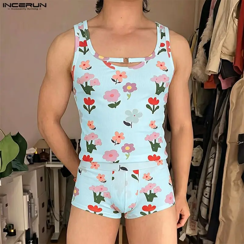 INCERUN Men's Sets Flower Printing Summer Homewear Sleeveless Tank Tops Shorts Two Piece Sets 2026 Casual Unisex Matching Sets - view 3