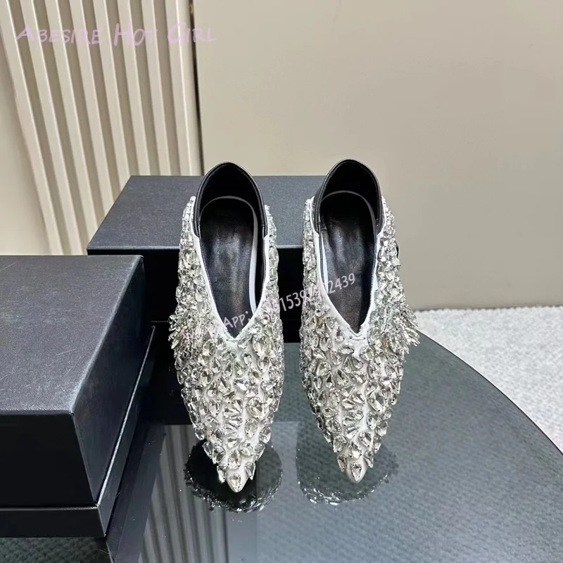 Light Yellow Satin Crystal Beads Flat Shoes Women Spring Mules Pointed Black Satin Slippers Jewelry Sequins Luxury Pump Sandals